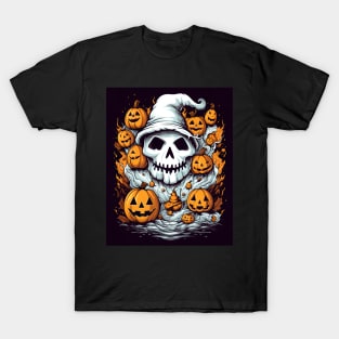 dead witch skull with halloween pumpkins T-Shirt